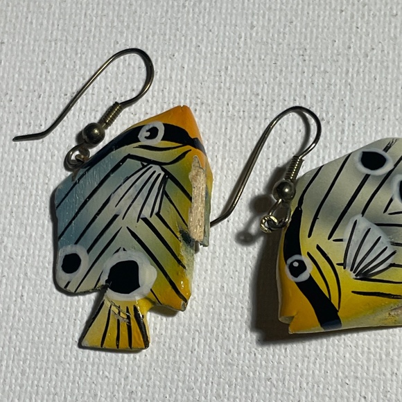 Earrings Vintage Colorful Tropical Fish Wooden-flawed - Picture 4 of 4
